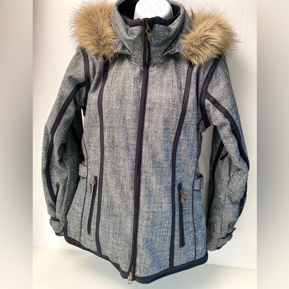 OBERMYER WOMENS BLACK TWEED & FAUX FUR TRIMMED SKI SNOWBOARDING JACKET SIZE 4